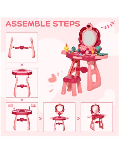 HOMCOM 36 Pcs Children Vanity Musical Dressing Table Kids Magic Glamour Princess Mirror Make Up Desk With Stool Beauty Kit Light