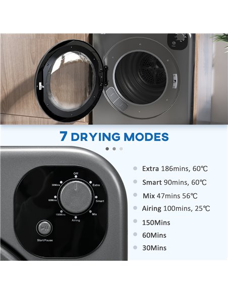 HOMCOM 6kg Vented Tumble Dryer, Freestanding, Wall Mounted, Stackable, Portable Dryer with 7 Programmers, Grey 853-025V70GY - pic 96278 | FastDaddyshop