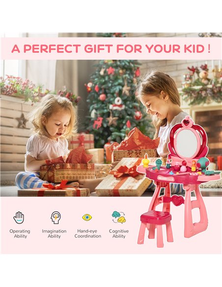 HOMCOM 36 Pcs Children Vanity Musical Dressing Table Kids Magic Glamour Princess Mirror Make Up Desk With Stool Beauty Kit Light - pic 9628 | FastDaddyshop