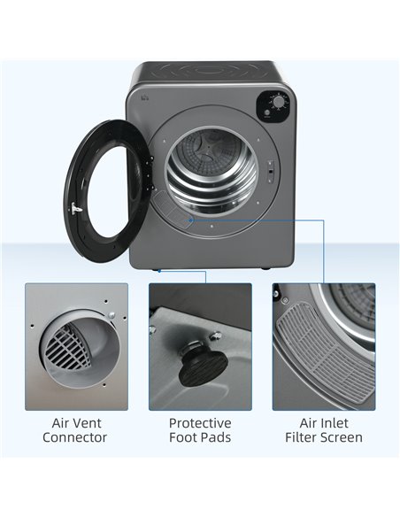 HOMCOM 6kg Vented Tumble Dryer, Freestanding, Wall Mounted, Stackable, Portable Dryer with 7 Programmers, Grey 853-025V70GY - pic 96280 | FastDaddyshop