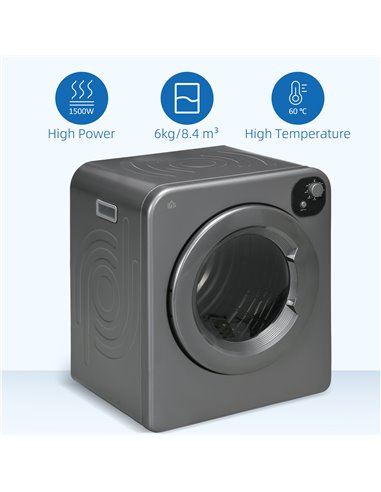 HOMCOM 6kg Vented Tumble Dryer, Freestanding, Wall Mounted, Stackable, Portable Dryer with 7 Programmers, Grey 853-025V70GY