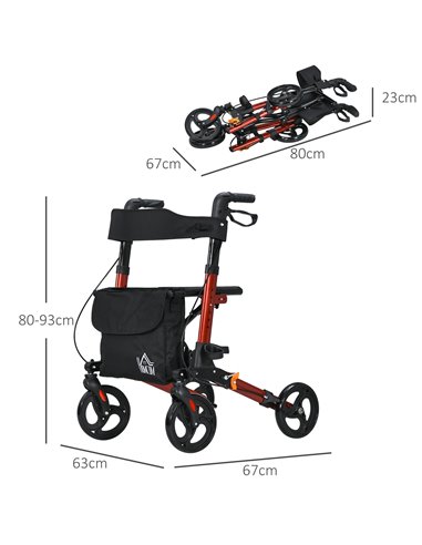 HOMCOM 4 Wheel Rollator with Seat and Back, Folding Mobility Walker with Carry Bag, Adjustable Height, Dual Brakes, Cane Holder,