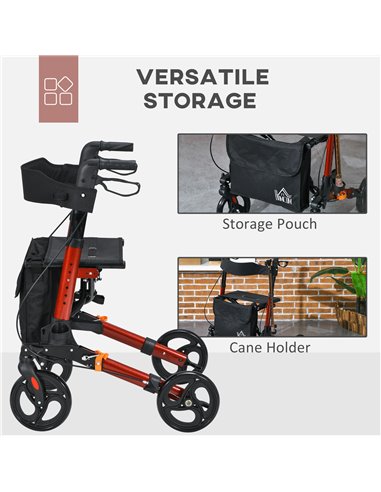 HOMCOM 4 Wheel Rollator with Seat and Back, Folding Mobility Walker with Carry Bag, Adjustable Height, Dual Brakes, Cane Holder,