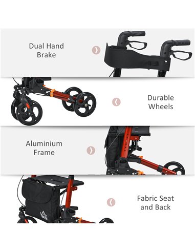 HOMCOM 4 Wheel Rollator with Seat and Back, Folding Mobility Walker with Carry Bag, Adjustable Height, Dual Brakes, Cane Holder,