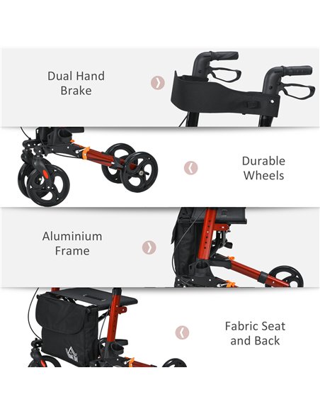 HOMCOM 4 Wheel Rollator with Seat and Back, Folding Mobility Walker with Carry Bag, Adjustable Height, Dual Brakes, Cane Holder, - pic 96307 | FastDaddyshop