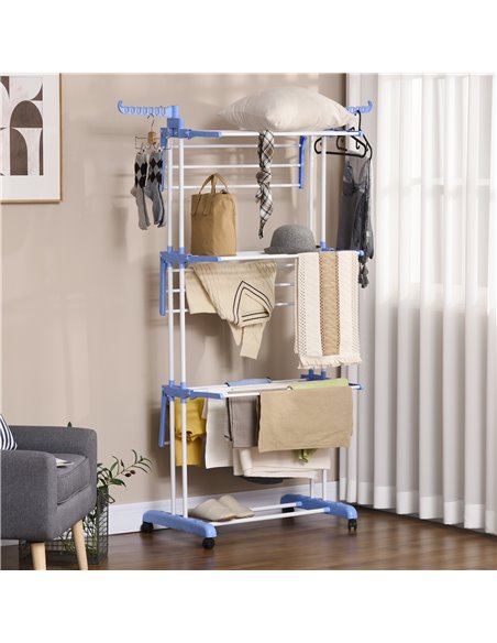 HOMCOM Foldable Clothes Drying Rack, 4-Tier Steel Garment Laundry Rack with Castors for Indoor and Outdoor Use, Blue 850-208V00B - pic 96312 | FastDaddyshop