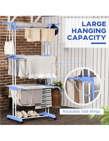 HOMCOM Foldable Clothes Drying Rack, 4-Tier Steel Garment Laundry Rack with Castors for Indoor and Outdoor Use, Blue 850-208V00B