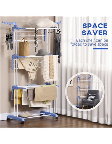 HOMCOM Foldable Clothes Drying Rack, 4-Tier Steel Garment Laundry Rack with Castors for Indoor and Outdoor Use, Blue 850-208V00B