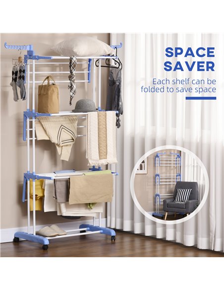 HOMCOM Foldable Clothes Drying Rack, 4-Tier Steel Garment Laundry Rack with Castors for Indoor and Outdoor Use, Blue 850-208V00B - pic 96316 | FastDaddyshop