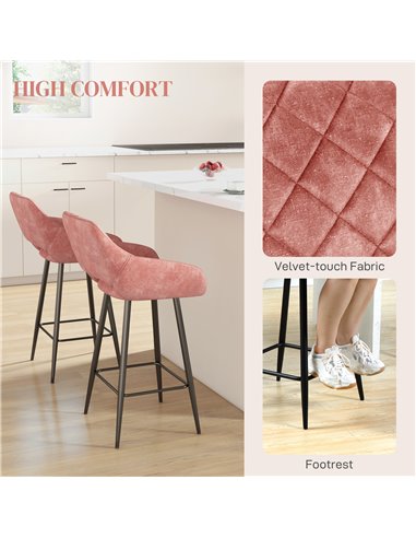 HOMCOM Set of Two Velvet-Feel Bar Stools - Pink 835-756V70PK