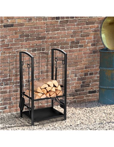 HOMCOM Firewood Log Rack Holder Wood Lumber Storage with Hooks 4 Tools-Black 820-143