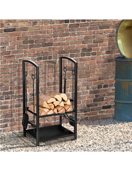 HOMCOM Firewood Log Rack Holder Wood Lumber Storage with Hooks 4 Tools-Black 820-143 - pic 96429 | FastDaddyshop