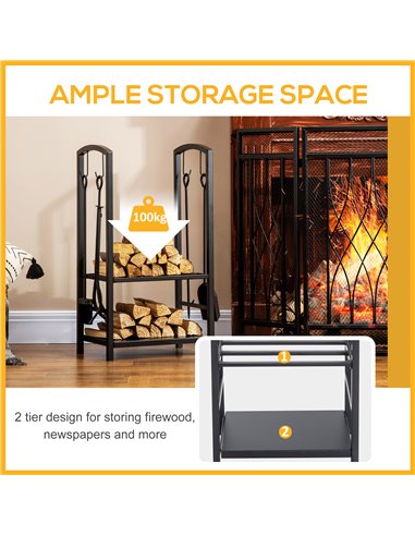 HOMCOM Firewood Log Rack Holder Wood Lumber Storage with Hooks 4 Tools-Black 820-143