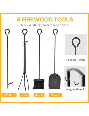 HOMCOM Firewood Log Rack Holder Wood Lumber Storage with Hooks 4 Tools-Black 820-143