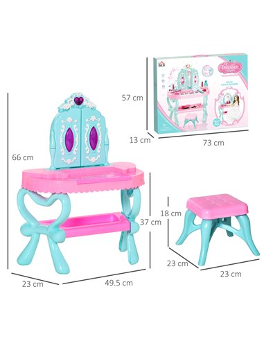 HOMCOM 2 In 1 Musical Piano Kids Dressing Table Set, 32 PCS Vanity Make Up Desk, Children Pretend Toy, with Beauty Kit, for 3-6 