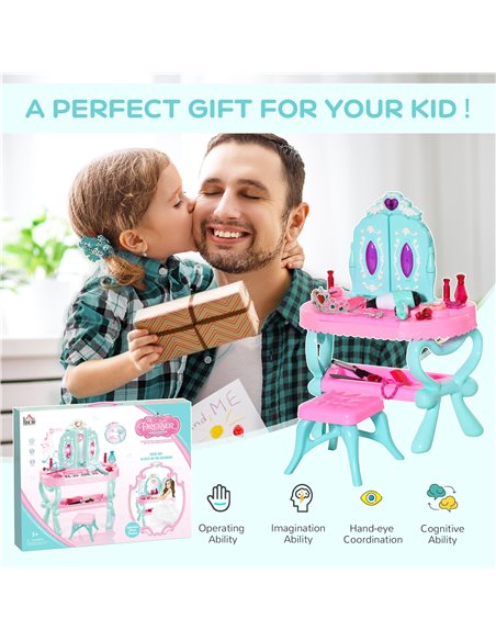 HOMCOM 2 In 1 Musical Piano Kids Dressing Table Set, 32 PCS Vanity Make Up Desk, Children Pretend Toy, with Beauty Kit, for 3-6  - pic 9649 | FastDaddyshop