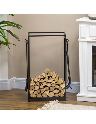 HOMCOM Heavy Duty Firewood Wood Log Rack Fireplace Wood Stacker Storage w/ 4 Tools, Black 842-160
