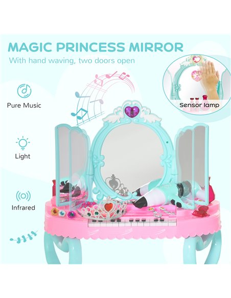 HOMCOM 2 In 1 Musical Piano Kids Dressing Table Set, 32 PCS Vanity Make Up Desk, Children Pretend Toy, with Beauty Kit, for 3-6  - pic 9650 | FastDaddyshop