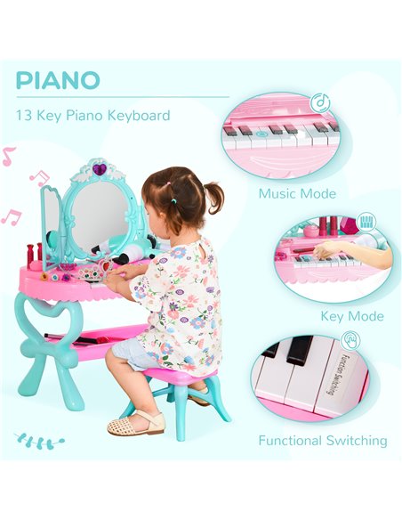 HOMCOM 2 In 1 Musical Piano Kids Dressing Table Set, 32 PCS Vanity Make Up Desk, Children Pretend Toy, with Beauty Kit, for 3-6  - pic 9651 | FastDaddyshop