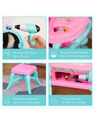 HOMCOM 2 In 1 Musical Piano Kids Dressing Table Set, 32 PCS Vanity Make Up Desk, Children Pretend Toy, with Beauty Kit, for 3-6 