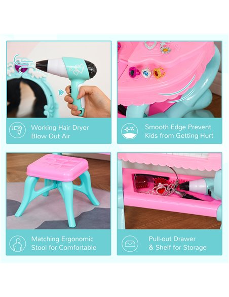 HOMCOM 2 In 1 Musical Piano Kids Dressing Table Set, 32 PCS Vanity Make Up Desk, Children Pretend Toy, with Beauty Kit, for 3-6  - pic 9652 | FastDaddyshop