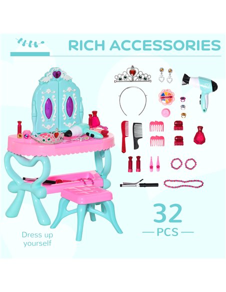 HOMCOM 2 In 1 Musical Piano Kids Dressing Table Set, 32 PCS Vanity Make Up Desk, Children Pretend Toy, with Beauty Kit, for 3-6  - pic 9653 | FastDaddyshop