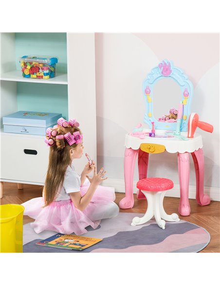HOMCOM 20 PCS Kids Dressing Table Set, Children Vanity Make Up Desk, Musical Pretend Toy, with Beauty Kit, Mirror, Stool, for 3- - pic 9655 | FastDaddyshop