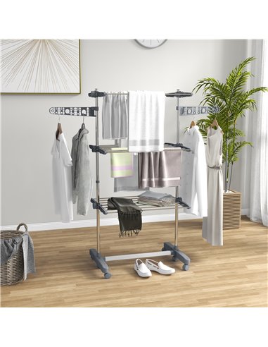 HOMCOM 3-Tier Clothes Airer, Foldable Clothes Drying Rack, Stainless Steel Indoor/Outdoor Clothes Dryer with Wheels & Wings, 142