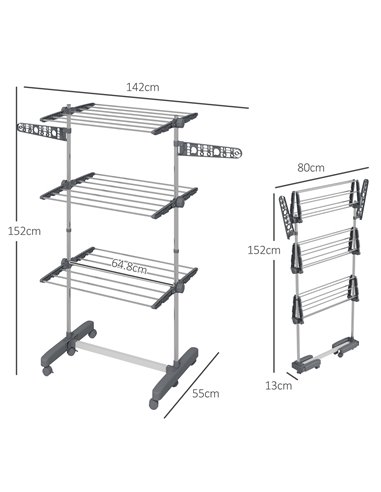 HOMCOM 3-Tier Clothes Airer, Foldable Clothes Drying Rack, Stainless Steel Indoor/Outdoor Clothes Dryer with Wheels & Wings, 142