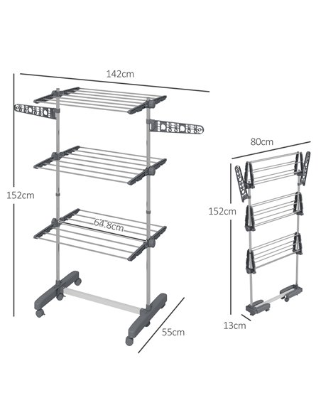 HOMCOM 3-Tier Clothes Airer, Foldable Clothes Drying Rack, Stainless Steel Indoor/Outdoor Clothes Dryer with Wheels & Wings, 142 - pic 96556 | FastDaddyshop