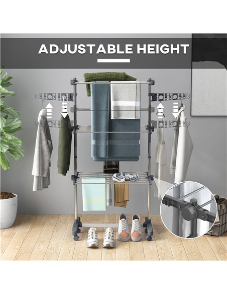 HOMCOM 3-Tier Clothes Airer, Foldable Clothes Drying Rack, Stainless Steel Indoor/Outdoor Clothes Dryer with Wheels & Wings, 142 - pic 96557 | FastDaddyshop