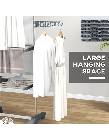 HOMCOM 3-Tier Clothes Airer, Foldable Clothes Drying Rack, Stainless Steel Indoor/Outdoor Clothes Dryer with Wheels & Wings, 142