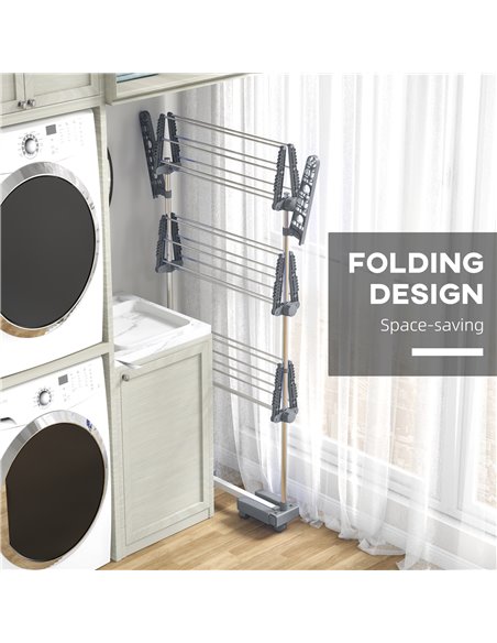 HOMCOM 3-Tier Clothes Airer, Foldable Clothes Drying Rack, Stainless Steel Indoor/Outdoor Clothes Dryer with Wheels & Wings, 142 - pic 96559 | FastDaddyshop