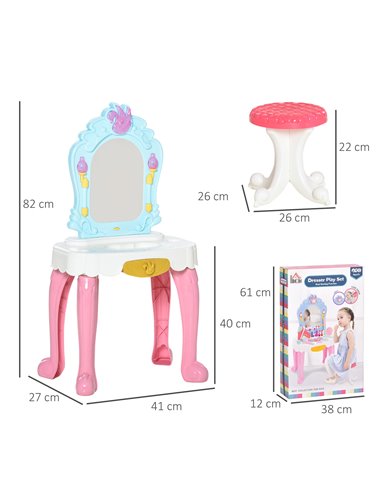 HOMCOM 20 PCS Kids Dressing Table Set, Children Vanity Make Up Desk, Musical Pretend Toy, with Beauty Kit, Mirror, Stool, for 3-