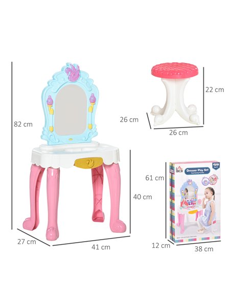 HOMCOM 20 PCS Kids Dressing Table Set, Children Vanity Make Up Desk, Musical Pretend Toy, with Beauty Kit, Mirror, Stool, for 3- - pic 9656 | FastDaddyshop