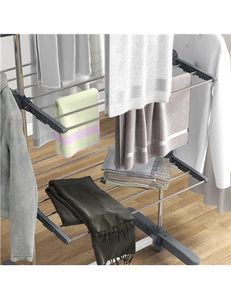 HOMCOM 3-Tier Clothes Airer, Foldable Clothes Drying Rack, Stainless Steel Indoor/Outdoor Clothes Dryer with Wheels & Wings, 142 - pic 96562 | FastDaddyshop