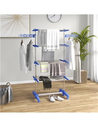 HOMCOM 4-Tier Clothes Airer, Foldable Clothes Drying Rack, Stainless Steel Indoor & Outdoor Clothes Dryer w/ Wheels & Wings, Eas