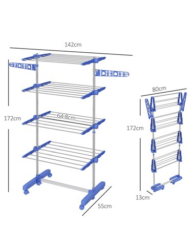HOMCOM 4-Tier Clothes Airer, Foldable Clothes Drying Rack, Stainless Steel Indoor & Outdoor Clothes Dryer w/ Wheels & Wings, Eas