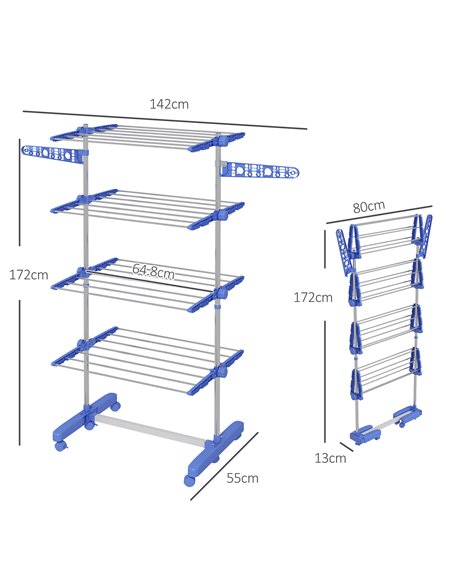 HOMCOM 4-Tier Clothes Airer, Foldable Clothes Drying Rack, Stainless Steel Indoor & Outdoor Clothes Dryer w/ Wheels & Wings, Eas - pic 96565 | FastDaddyshop