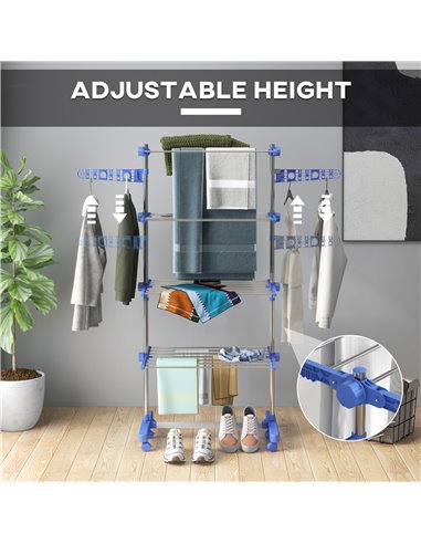 HOMCOM 4-Tier Clothes Airer, Foldable Clothes Drying Rack, Stainless Steel Indoor & Outdoor Clothes Dryer w/ Wheels & Wings, Eas