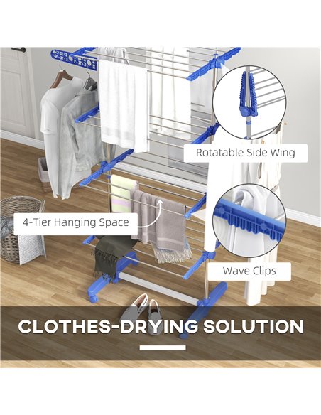 HOMCOM 4-Tier Clothes Airer, Foldable Clothes Drying Rack, Stainless Steel Indoor & Outdoor Clothes Dryer w/ Wheels & Wings, Eas - pic 96567 | FastDaddyshop