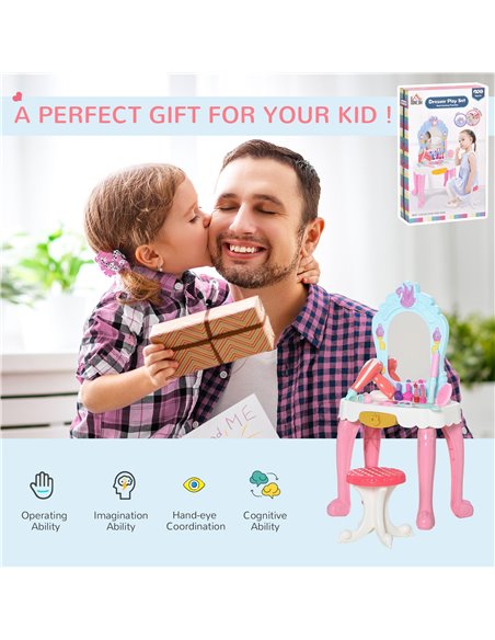 HOMCOM 20 PCS Kids Dressing Table Set, Children Vanity Make Up Desk, Musical Pretend Toy, with Beauty Kit, Mirror, Stool, for 3- - pic 9657 | FastDaddyshop