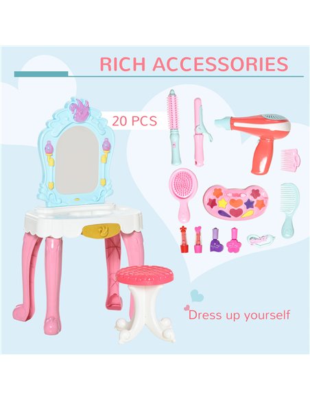 HOMCOM 20 PCS Kids Dressing Table Set, Children Vanity Make Up Desk, Musical Pretend Toy, with Beauty Kit, Mirror, Stool, for 3- - pic 9658 | FastDaddyshop