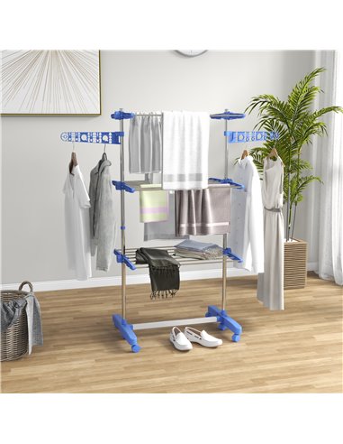 HOMCOM 3-Tier Clothes Airer, Foldable Clothes Drying Rack, Stainless Steel Indoor & Outdoor Clothes Dryer w/ Wheels & Wings, Eas