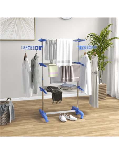 HOMCOM 3-Tier Clothes Airer, Foldable Clothes Drying Rack, Stainless Steel Indoor & Outdoor Clothes Dryer w/ Wheels & Wings, Eas - pic 96582 | FastDaddyshop
