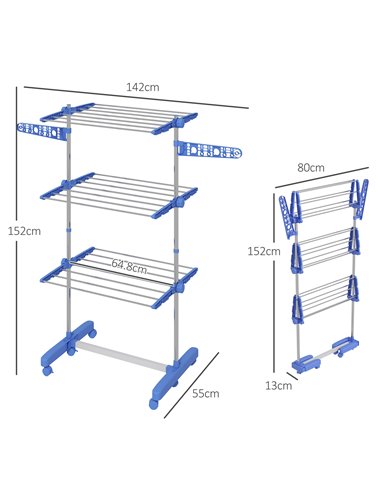 HOMCOM 3-Tier Clothes Airer, Foldable Clothes Drying Rack, Stainless Steel Indoor & Outdoor Clothes Dryer w/ Wheels & Wings, Eas