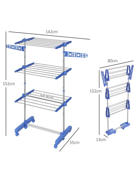 HOMCOM 3-Tier Clothes Airer, Foldable Clothes Drying Rack, Stainless Steel Indoor & Outdoor Clothes Dryer w/ Wheels & Wings, Eas - pic 96583 | FastDaddyshop