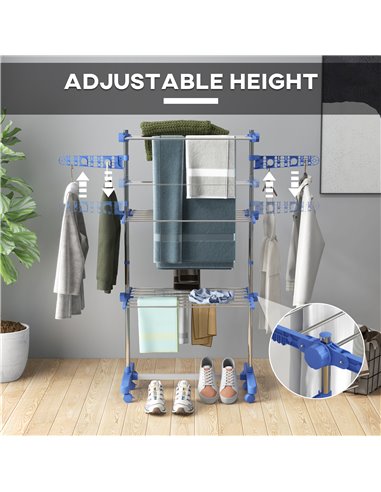 HOMCOM 3-Tier Clothes Airer, Foldable Clothes Drying Rack, Stainless Steel Indoor & Outdoor Clothes Dryer w/ Wheels & Wings, Eas