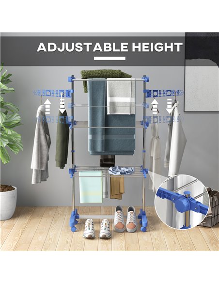 HOMCOM 3-Tier Clothes Airer, Foldable Clothes Drying Rack, Stainless Steel Indoor & Outdoor Clothes Dryer w/ Wheels & Wings, Eas - pic 96584 | FastDaddyshop