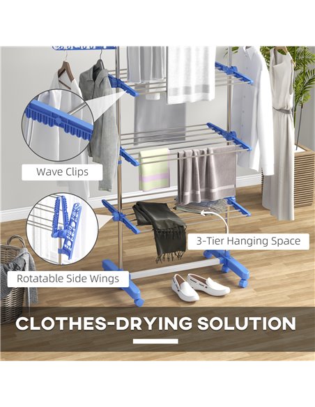 HOMCOM 3-Tier Clothes Airer, Foldable Clothes Drying Rack, Stainless Steel Indoor & Outdoor Clothes Dryer w/ Wheels & Wings, Eas - pic 96585 | FastDaddyshop